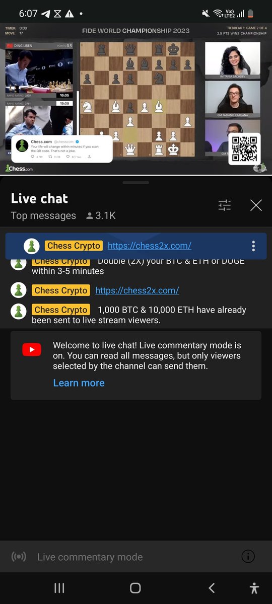 Ryokans's tweet photo. @chesscom There's an ongoing scam on YouTube using Chessdotcom branding.  Please beware https://t.co/UeObNBUewi