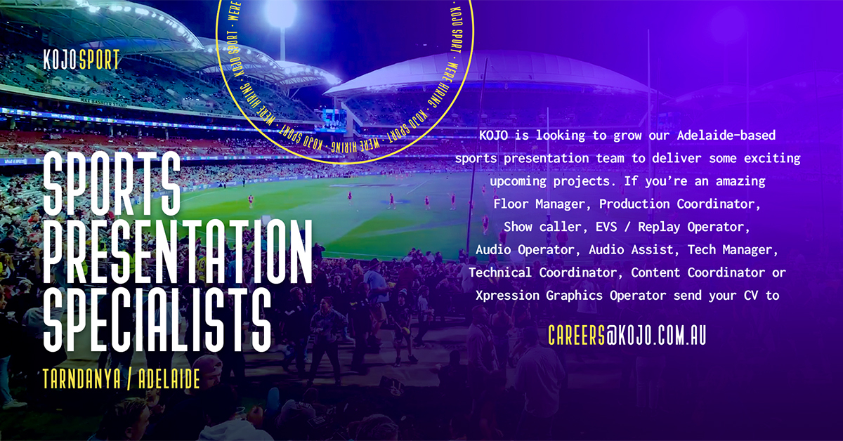 KOJO (@kojoworld) on Twitter photo KOJO is looking to grow our Adelaide based sports presentation team to deliver some exciting upcoming projects. If you or someone you know is suitable for one of the below roles drop us a line at careers@kojo.com.au KOJO is looking to grow our Adelaide based sports presentation team to deliver some exciting upcoming projects. If you or someone you know is suitable for one of the below roles drop us a line at careers@kojo.com.au