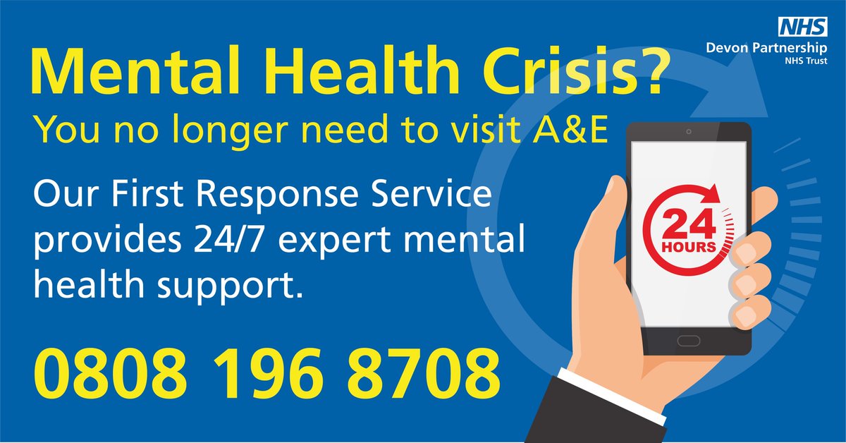 DPT_NHS's tweet photo. If you are in crisis and in need of urgent #mentalhealth support in #Devon, our 24/7 #FirstResponseService is here to help. Talk to the team on 0808 196 8708 or learn more: https://t.co/NCJvaIZEwS #NHS https://t.co/jbrGGzZJRQ