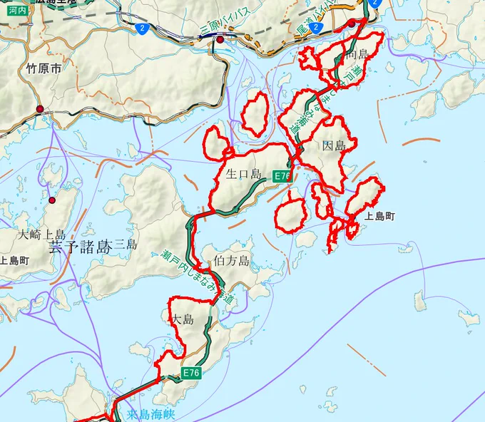本日のルート。(出発は松山) 12時間で265Km。まぁ船待ちがあったり、島の四国側は原則ヤバい道なので、距離はあんま伸びませんでしたなぁ。 燃費は41Km/lでした。 明日は大三島と大島の残りを廻って、時間があえば大崎上島にも渡りたい・・・。