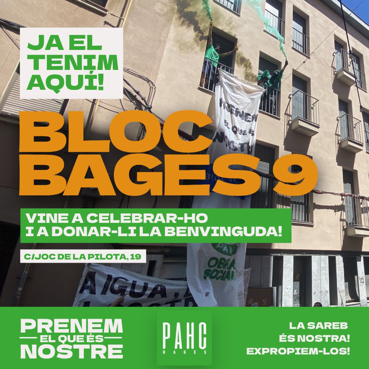 PAHCBages's tweet photo. 🟢 PRENEM EL QUE ÉS NOSTRE 🟢

Ja tenim el #BlocBages9! Celebrem el primer de maig recuperant habitatge per a la nostra gent, per la classe treballadora! 

Prenent el que és nostre: aigua, llum i sostre. 

#JaTenimEl9
#Expropiemlos https://t.co/Gbcxqpih8k