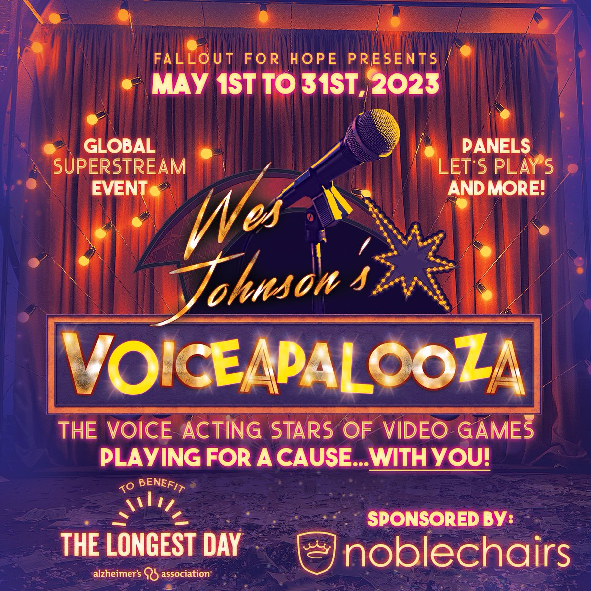 FalloutForHope 🔜 GCX Orlando (@falloutforhope) on Twitter photo A GLOBAL SUPERSTREAM!
<a href="/WesJohnsonVoice/">Wes Johnson</a>'s VoiceAPalooza to benefit the <a href="/alzassociation/">Alzheimer's Association</a>, sponsored by <a href="/noblechairs/">noblechairs</a>!
The voice acting stars of #ElderScrolls #Fallout and more assemble for a cause!
Stream: falloutforhope.com/join/
Donate: tiltify.com/+wes-johnsons-…
#FalloutForHope A GLOBAL SUPERSTREAM!
<a href="/WesJohnsonVoice/">Wes Johnson</a>'s VoiceAPalooza to benefit the <a href="/alzassociation/">Alzheimer's Association</a>, sponsored by <a href="/noblechairs/">noblechairs</a>!
The voice acting stars of #ElderScrolls #Fallout and more assemble for a cause!
Stream: falloutforhope.com/join/
Donate: tiltify.com/+wes-johnsons-…
#FalloutForHope