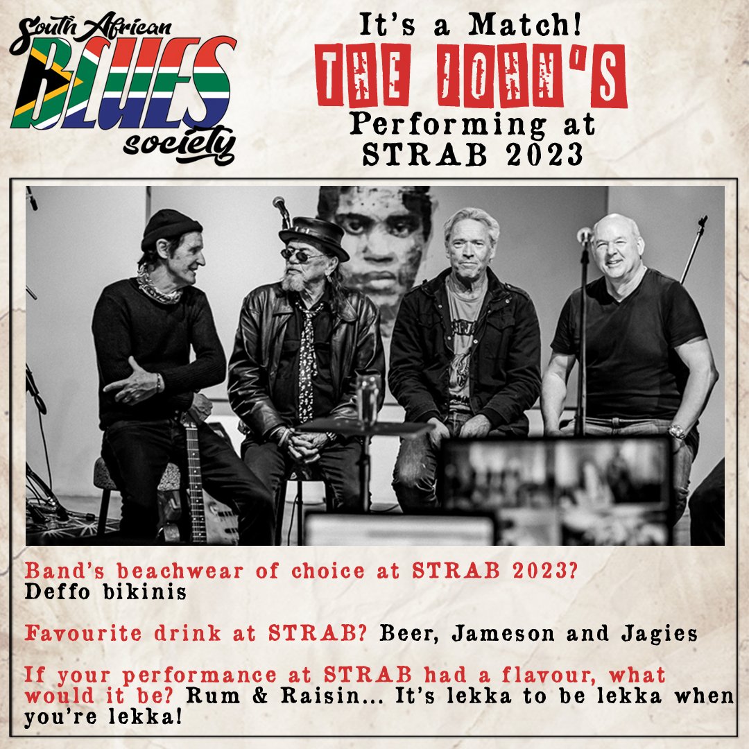 Blues, oh sweet, sweet Blues! Our epic partners, SA Blue Society, are bringing the finest to the STRAB 2023 stage. Announcing, for STRAB 2023:

The John's!!!

Get amped, get the feet tapping, and get your tickets NOW! ---> strab.co.za

#STRAB2023 #STRABfest