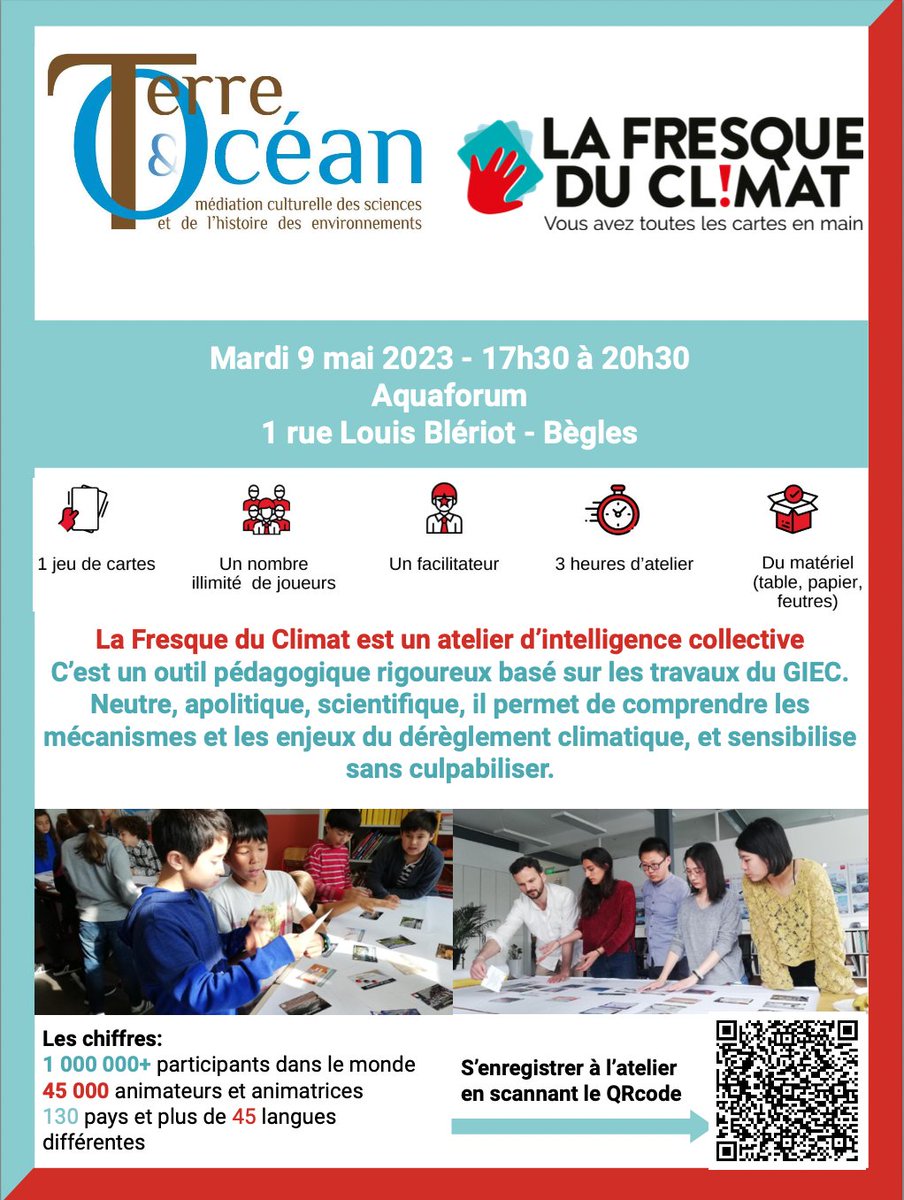 TerreOcean's tweet photo. On vous attend nombreux à l’Aquaforum Mardi 9 mai pour un atelier @FresqueDuClimat, afin de comprendre les mécanismes et les enjeux du dérèglement climatique. 🌍

Il nous reste des places, pensez à vous inscrire !

#fresqueduclimat #médiationscientifique https://t.co/7vqdseMzrc