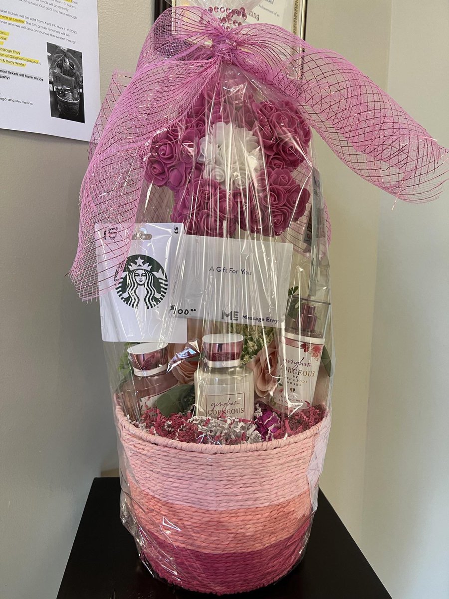LantripPto's tweet photo. Mother’s Day raffle basket to support our 5th grade fun day at the end of the school year! @lantrip_hisd 

Tickets are $2 and the basket will be raffled off on May 12th! 

The basket includes- 
- $15 Starbucks GC
- $100 visa GC 
- $100 massage envy GC 
- bath and body works items https://t.co/xfbx2XG0x7