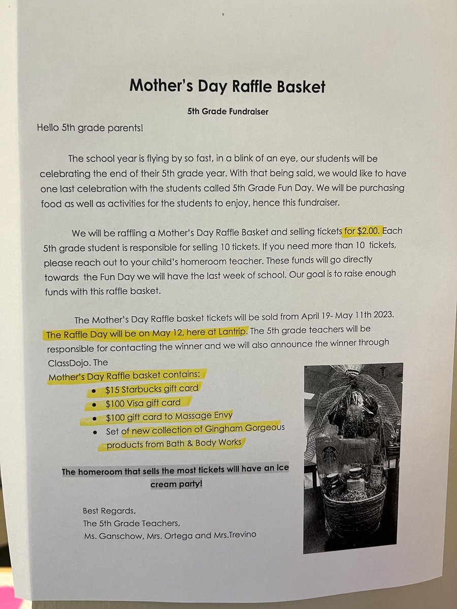 Lantrip PTO (@lantrippto) on Twitter photo Mother’s Day raffle basket to support our 5th grade fun day at the end of the school year! <a href="/lantrip_hisd/">Lantrip Elementary</a>
Tickets are $2 and the basket will be raffled off on May 12th!
The basket includes-
- $15 Starbucks GC
- $100 visa GC
- $100 massage envy GC
- bath and body works items Mother’s Day raffle basket to support our 5th grade fun day at the end of the school year! <a href="/lantrip_hisd/">Lantrip Elementary</a>
Tickets are $2 and the basket will be raffled off on May 12th!
The basket includes-
- $15 Starbucks GC
- $100 visa GC
- $100 massage envy GC
- bath and body works items