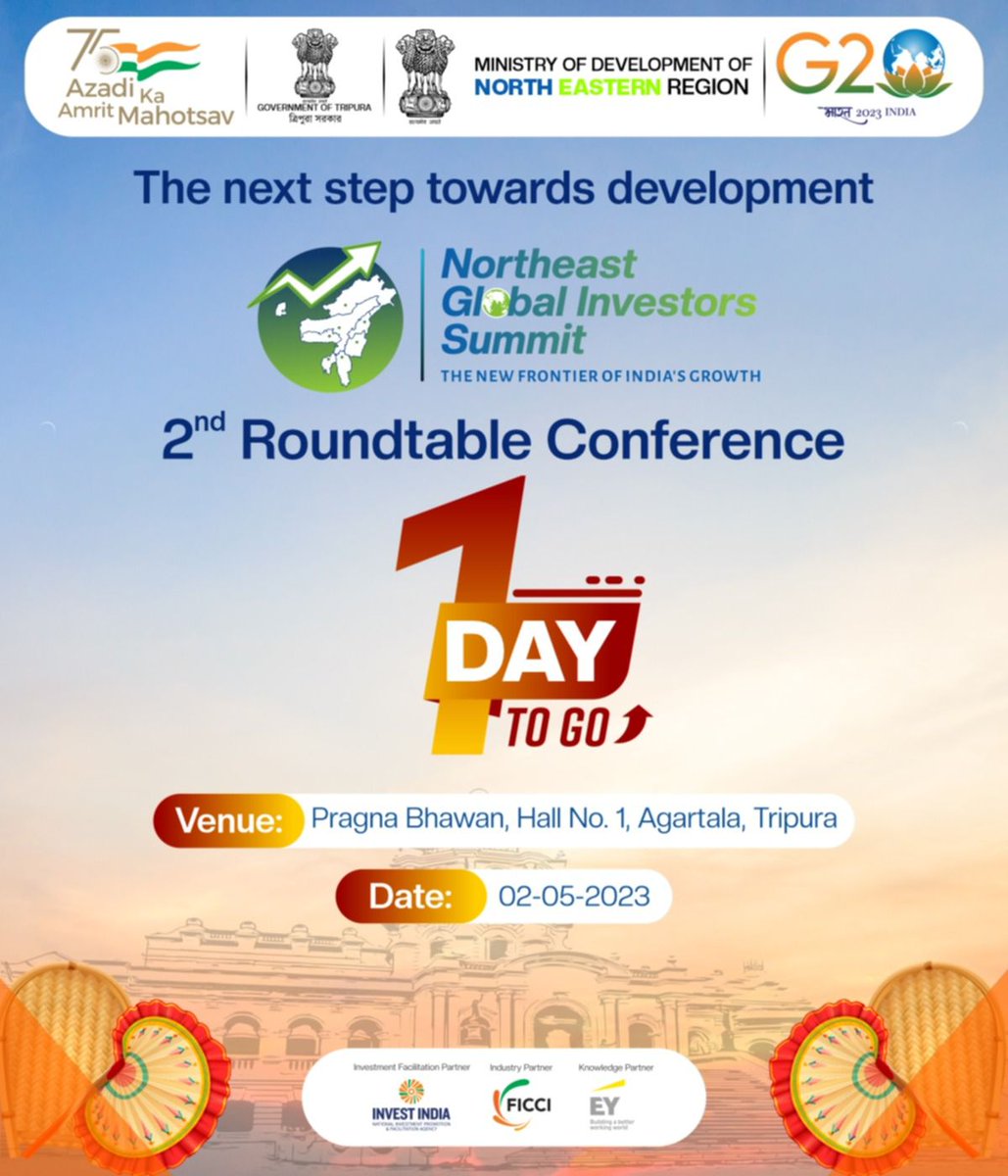 MDoNER_India's tweet photo. Only 1 day left!
Attention Investors📣
Get ready as Tripura unveils its investment opportunities at the #2ndRoundtable of the #NorthEastGlobalInvestorsSummit.
📍Pragna Bhawan, Agartala
Stay tuned for more investment related updates in #NorthEast
#InvestInNorthEast https://t.co/SMjHFuz51G