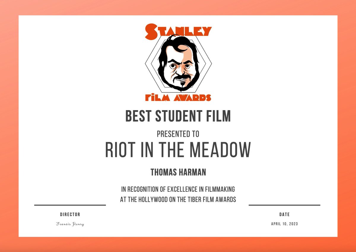 MeadowFilm's tweet photo. Honored to receive the Best Student Film Award from #StanleyFilmAwards An @IMDb Qualifying Festival celebrating the life of the great #StanleyKubrick. There was an orange motif running throughout #RiotintheMeadow so it's lovely to pick up a certificate with that color too. https://t.co/G7TOYoB3S0