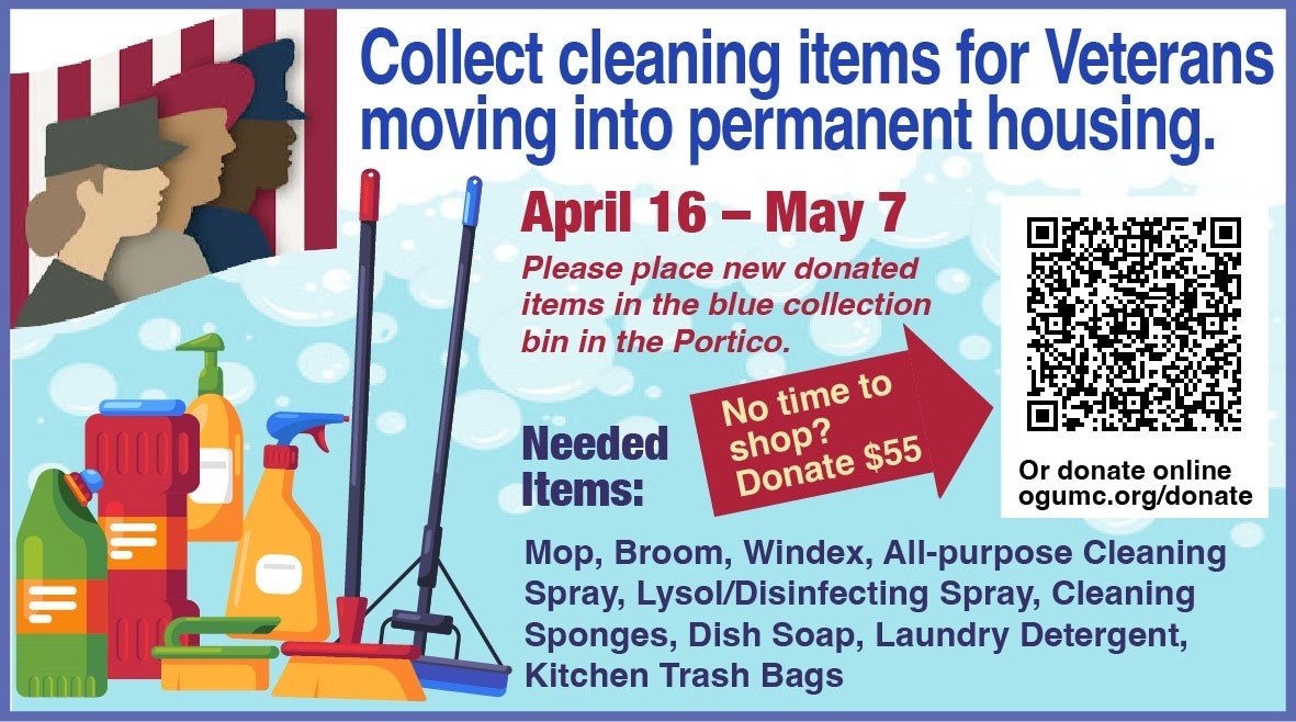 Cleaning Kits for Veterans:

From April 16 – May 7, Oak Grove will be collecting items to create cleaning kits for veterans moving from homelessness to permanent housing. 

Please drop the following items off at the Portico entrance.