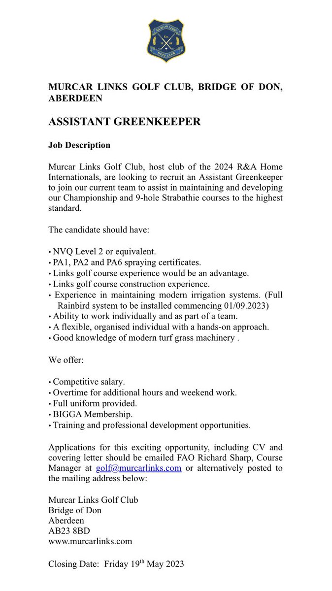 Fantastic opportunity to join the team here at Murcar Links….🏌️‍♀️🏌️‍♂️
