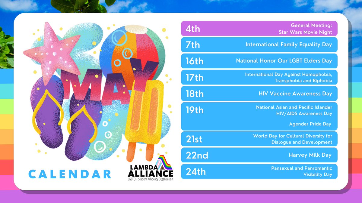LambdaAtUCM's tweet photo. #UCMLambdaAlliance is wrapping up for the end of the Spring 2023 semester. Check out when our last meeting is and other holidays coming up in May! 🌈📆#UCMerced #LGBTQ https://t.co/5E0zEKbqkY