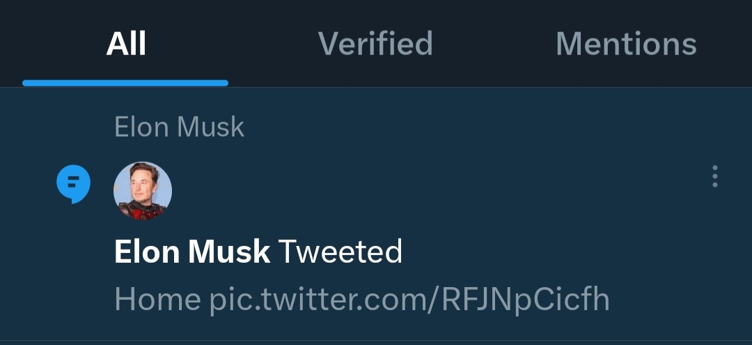 jpatrickdorgan's tweet photo. I have a backup Twitter account and I got a notification about a musk tweet. It would seem that you'll just get notifications for him if you don't actively block him. Sucks. https://t.co/ehByuB7yWw