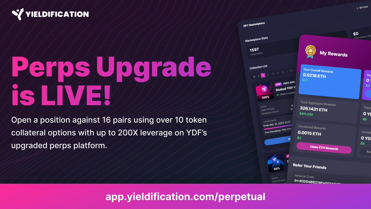 yieldification's tweet photo. $YDF's upgraded perps platform is LIVE!

Open a position against 16 pairs using over 10 token collateral options with up to 200X leverage on $YDF's upgraded perps platform!

https://t.co/UTeMhzC2HF https://t.co/1JumSmV5D3