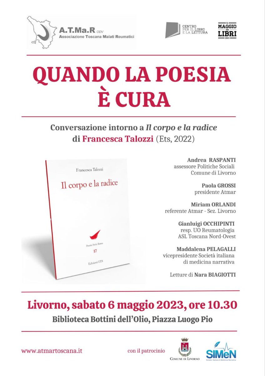 #Livorno #6maggio torniamo ad ascoltare le parole poetiche di #FrancescaTalozzi a un anno dalla sua morte.
Con ATMaR, associazione per i diritti dei malati reumatici che Francesca ha guidato per anni, parleremo di poesia come cura e #medicinanarrativa.
#FranceVive #maggiodeilibri