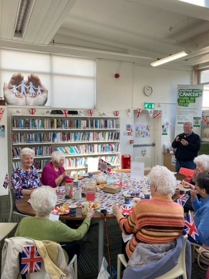 PortyLibrary's tweet photo. Our #LibraryLink got some pre-emptive #Coronation celebrating done this morning, so they had their usual lively chin-wag, they scoffed a load of festive scran and drank enough tea to float the Royal Yacht! 👑🍰🫖☕️❤️🤍💙🇬🇧 https://t.co/wmPeupGsB2