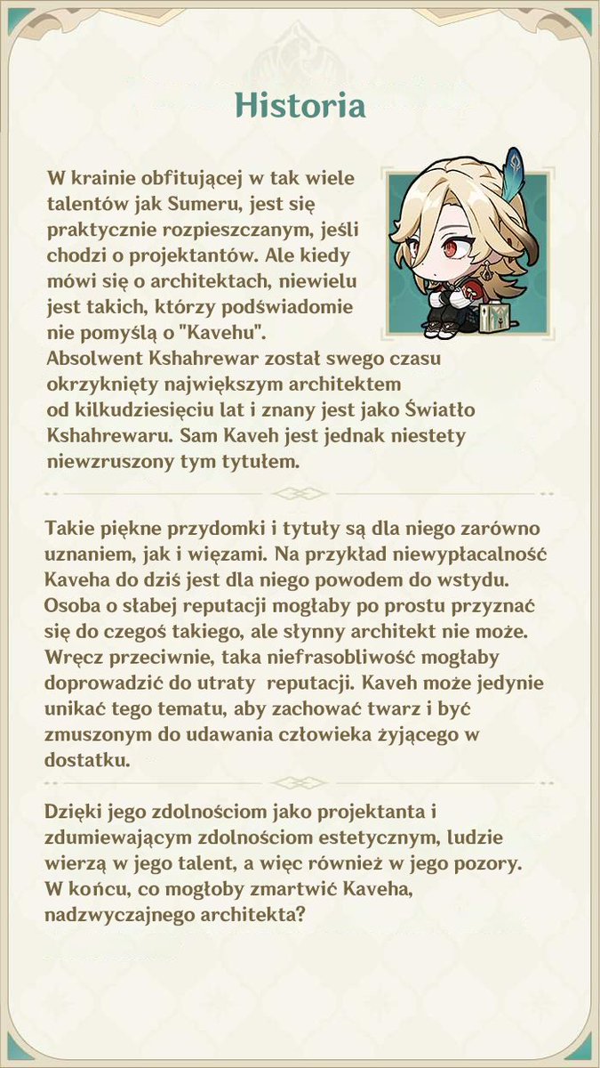 GenshinImpactPL's tweet photo. Przedstawiamy wam dzisiaj Kaveha! Uznany architekt z Sumeru, który trochę za bardzo przejmuje się zbyt wieloma rzeczami. Jest estetą przytłoczonym rzeczywistością.

https://t.co/UG2vvzHsx4 https://t.co/DPvO6DvQDy