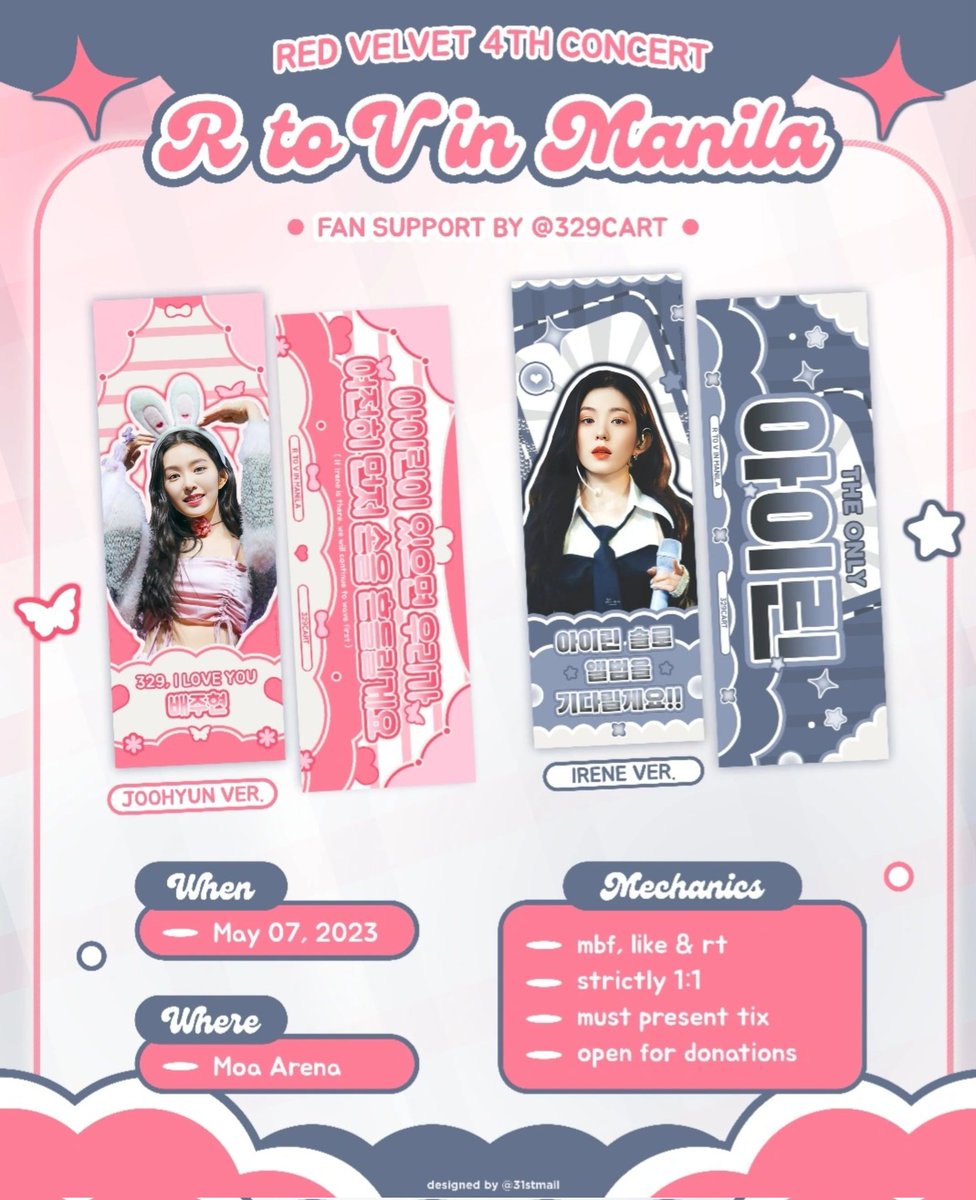 329cart's tweet photo. R to V in Manila Giveaway 2 ✨️𓂃 𓈒 *

Hi Baetokkis! I will be giving away free irene hand banners on d-day. Please see pubmat for the mechanics. ♡

 #아이린 #IRENE #RtoVinManila #RedVelvetinMNL2023 https://t.co/bdXfNoTSu3