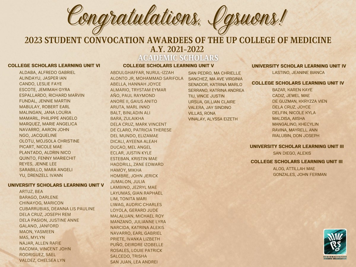RsoUpmed's tweet photo. The Regionalization Students Organization would like to commend the following members who received academic awards (AY 2021-2022) last April 2023.

Congratulations, Igsuons!

"For the nation, through the regions!"
#FTNTTR 🌻 https://t.co/uyKPo37wIS