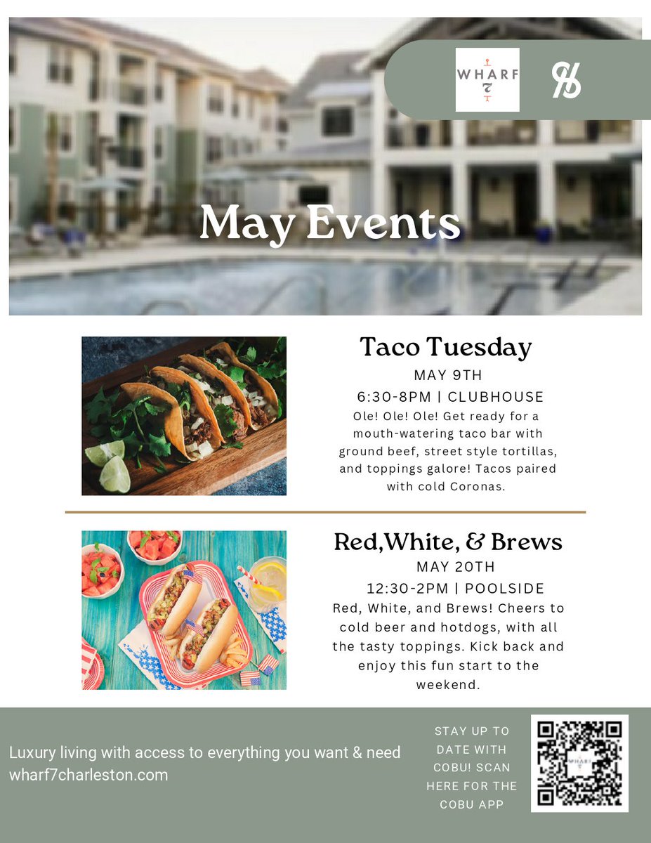Wharf7_DI's tweet photo. We love the month of May at Wharf 7!  We cannot wait to see you all at these upcoming events!  

#SpringTime #LoveWhereYouLIve #WeLoveOurResidents #Community #ResidentEvents #LuxuryRentals #TacoTuesday #RedWhiteandBrews #Wharf7 #Charleston #socialhub #DanielIsland https://t.co/Us3t4AtZAh
