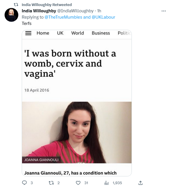 stueymaco's tweet photo. But she wasn't born with a cock and balls like you, Willoughby.
Stop using the medical conditions of actual women to justify your weirdness, you ghoul. https://t.co/1ONHSQeJIF