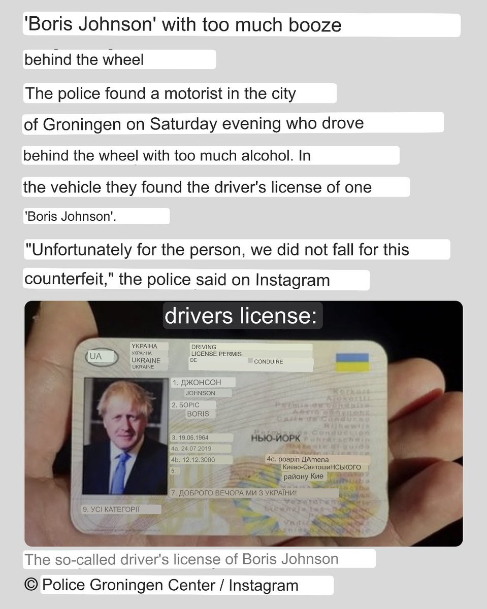 To Groningen in the Netherlands, where police pulled over a drunk driver who produced a Ukrainian driving licence in the name of Boris Johnson. It was not Boris Johnson, although the forgers did at least get his birthday and place of birth right.

rtvnoord.nl/nieuws/1018129…