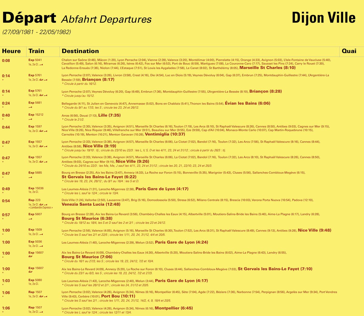 TrainsDirects's tweet photo. Pour comprendre l'ampleur de ce qu'a été la suppression des trains de nuit. Voici une reproduction de l'affiche des trains au départ de @dijon pour hiver 1981-82 (0h-4h30). Pour info aujourd'hui plus aucun train sur cette tranche horaire. @ouiautraindnuit @FNAUT_fr  (1/2) https://t.co/LQPjLBuqL5