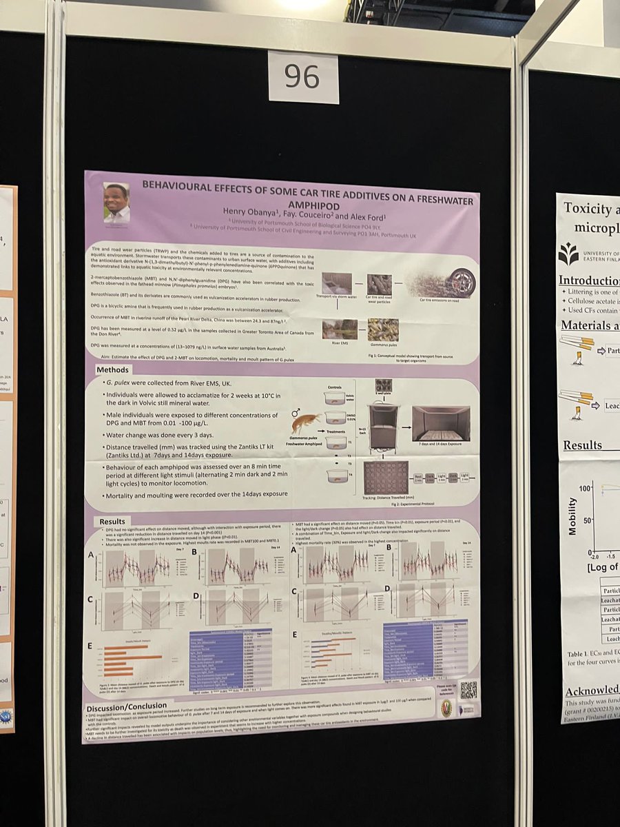 I presented some of my initial results today at the #SETACDublin conference showing how some #tireadditives affect behaviours of a fresh water #amphipod using the #zantikslte chamber. Please engage with my poster (1.09.P-Mo096) during the poster break #6PPD #cartireadditives