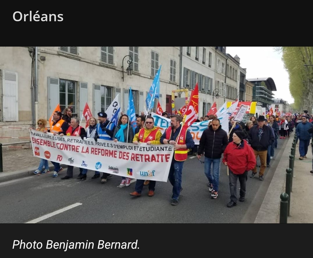 KarinFischerFI's tweet photo. Manif du #1erMai massive à #Orleans ce matin. Cortège (inter)syndical énorme et la #NUPES bien présente. Pour les droits des travailleurs et travailleuses, pour le partage du travail, et pour le droit au repos, car oui les Français sont tjs contre la #ReformeDesRetraites !!! https://t.co/kZOCACxlMz