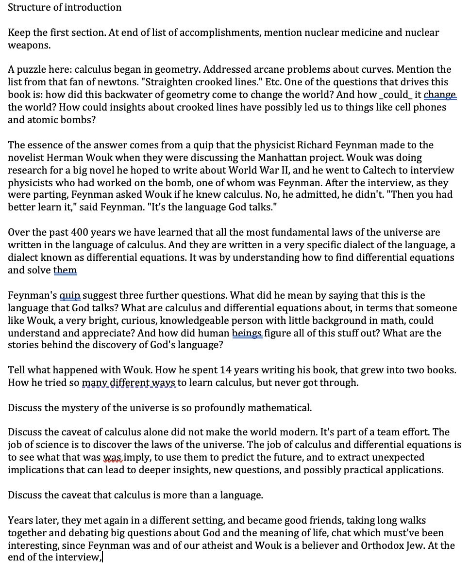 stevenstrogatz's tweet image. It takes me dozens of drafts to write anything. Here, for example, are three stages (out of 60+) of the opening of INFINITE POWERS. A rough idea, followed by an early attempt at sentences, followed by the final version.