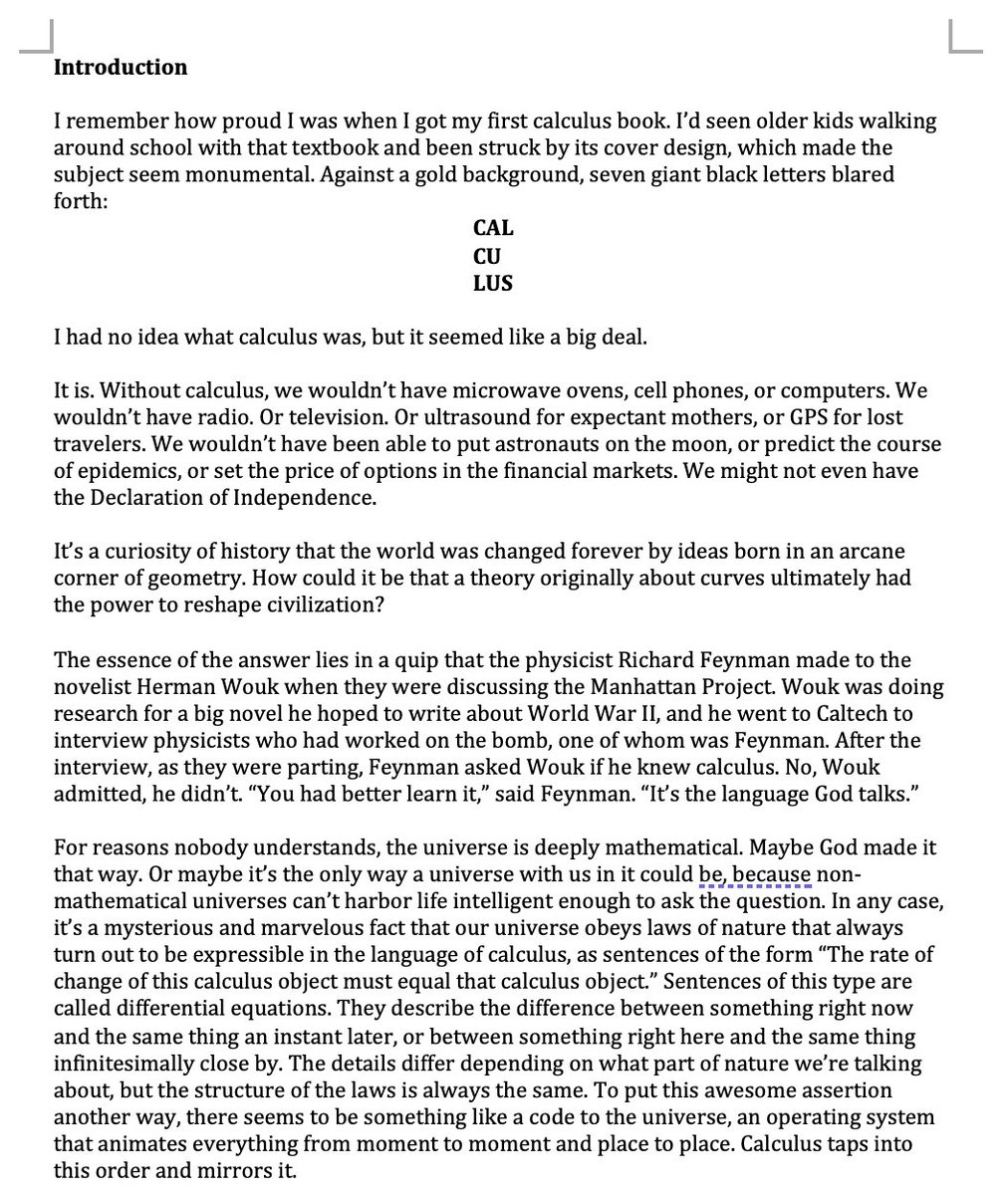 stevenstrogatz's tweet image. It takes me dozens of drafts to write anything. Here, for example, are three stages (out of 60+) of the opening of INFINITE POWERS. A rough idea, followed by an early attempt at sentences, followed by the final version.