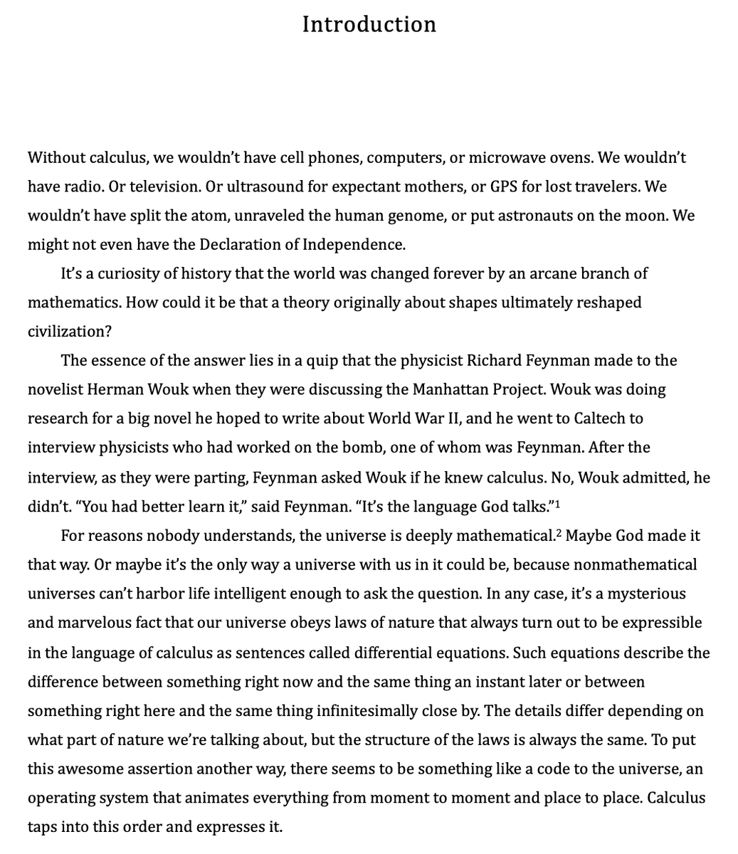 stevenstrogatz's tweet image. It takes me dozens of drafts to write anything. Here, for example, are three stages (out of 60+) of the opening of INFINITE POWERS. A rough idea, followed by an early attempt at sentences, followed by the final version.