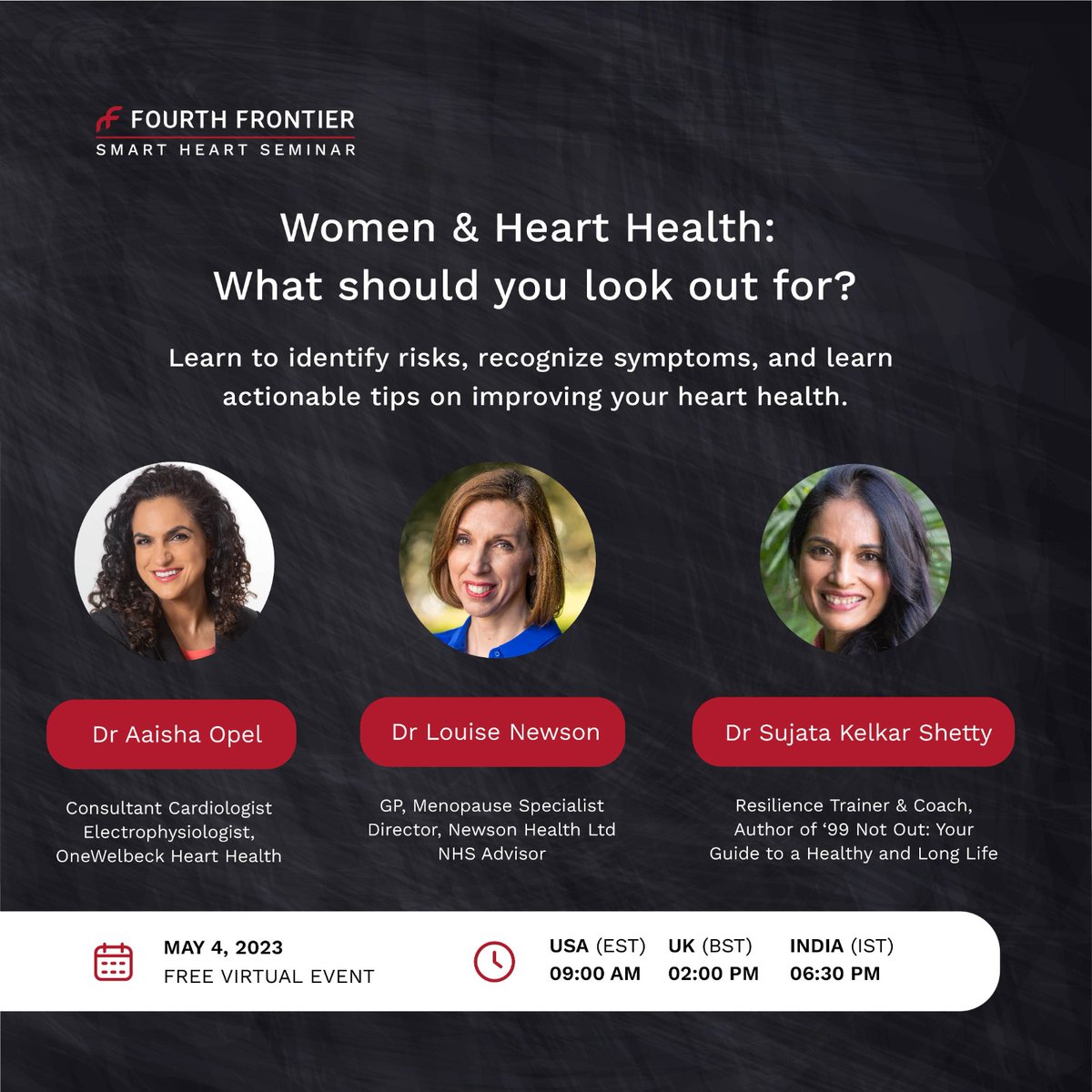 Join me on 4th May as I speak alongside Consultant Cardiologist @Aaisha_Opel and Menopause Specialist @drlouisenewson about the unique challenges in women's heart health. You can secure your free place at @FourthFrontier's Smart Heart Seminar, here: bit.ly/3Hg5wtK