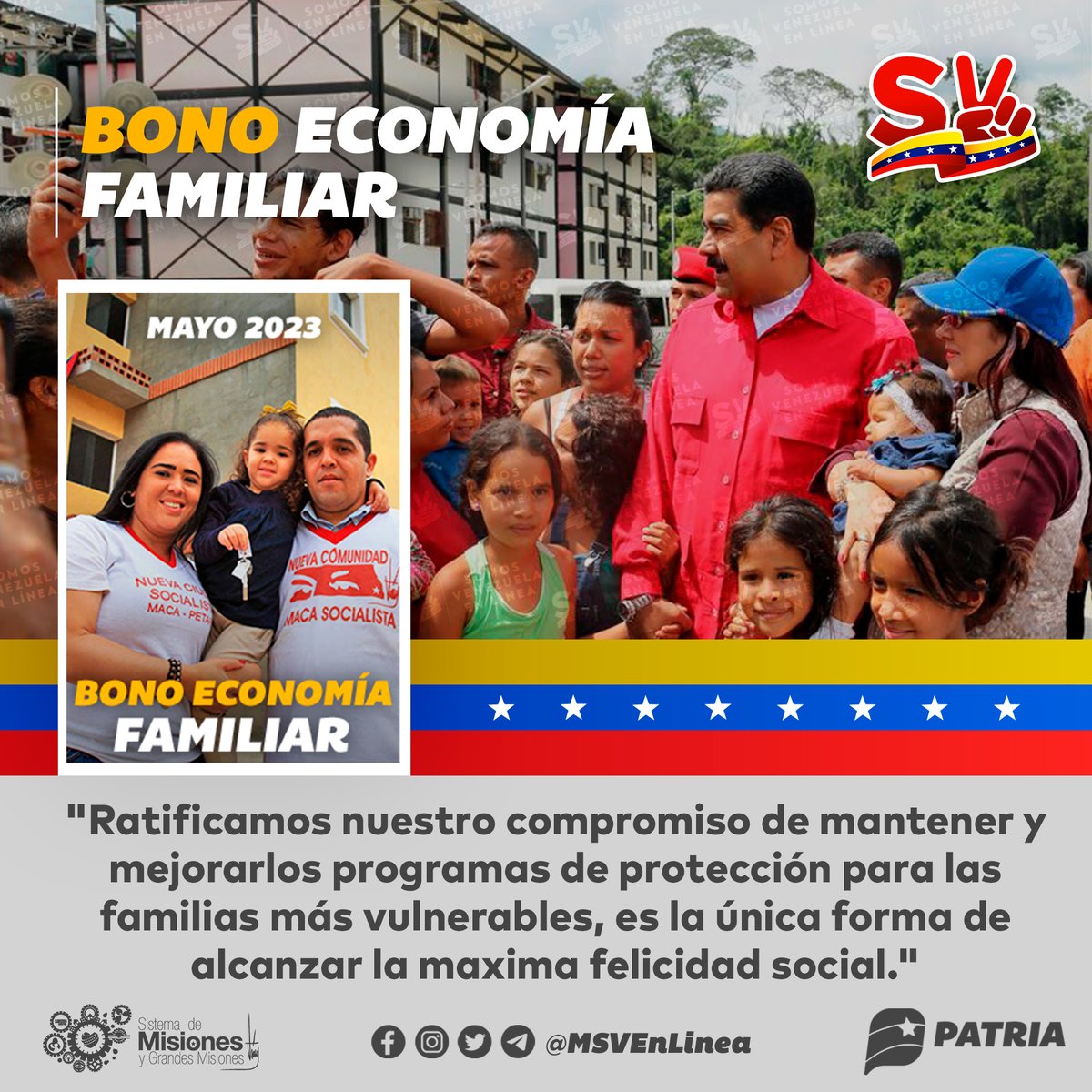 MSVEnLinea's tweet photo. 🚨 #ÚLTIMAHORA || Inicia la entrega del Bono Economía Familiar (Mayo 2023) enviado por nuestro Pdte. @NicolasMaduro a través del Sistema @CarnetDLaPatria.

@MSVSocial #1May #TrabajoYPatria https://t.co/9A0BaJxTqf