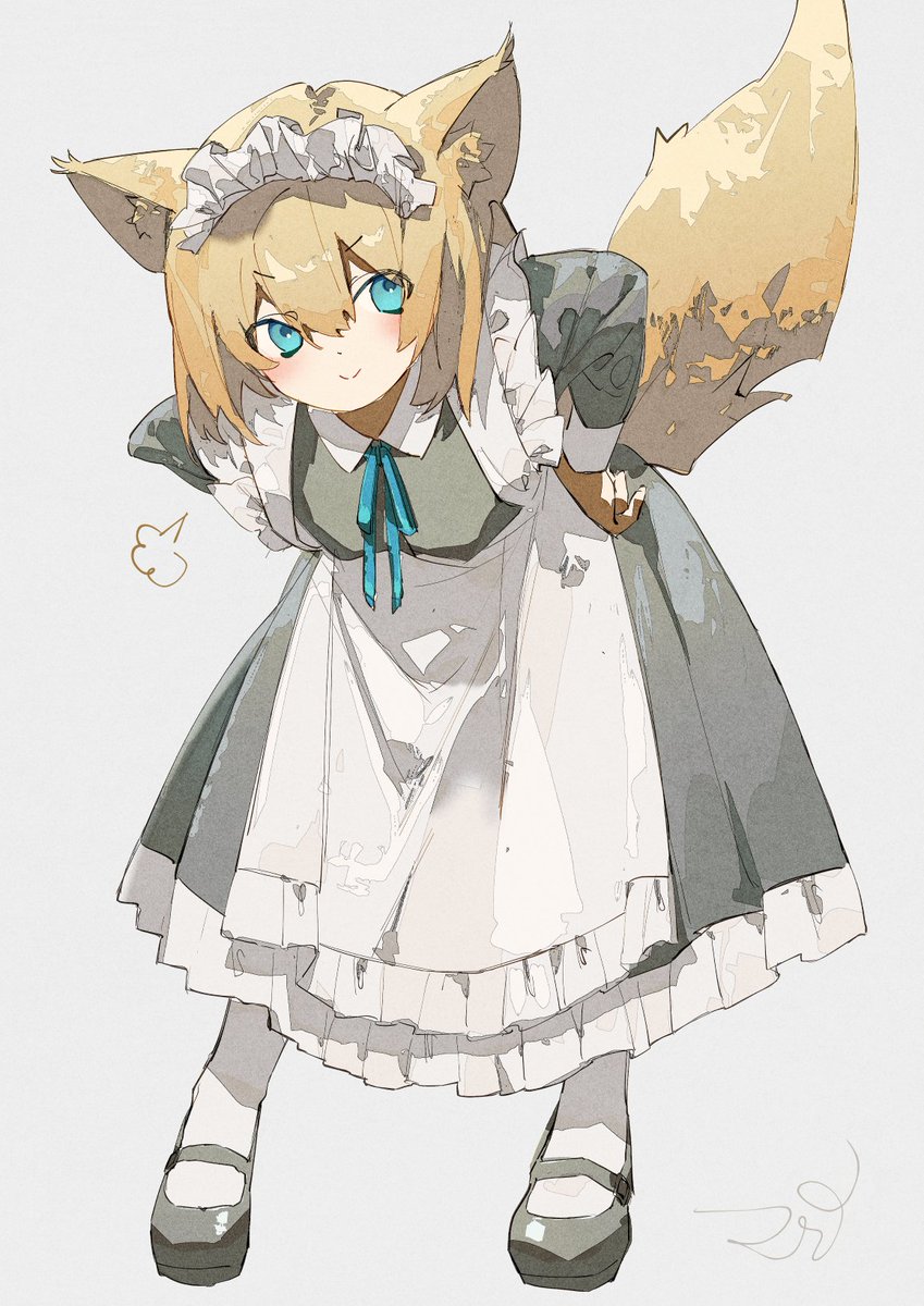 1girl solo animal ears tail maid fox tail dress  illustration images