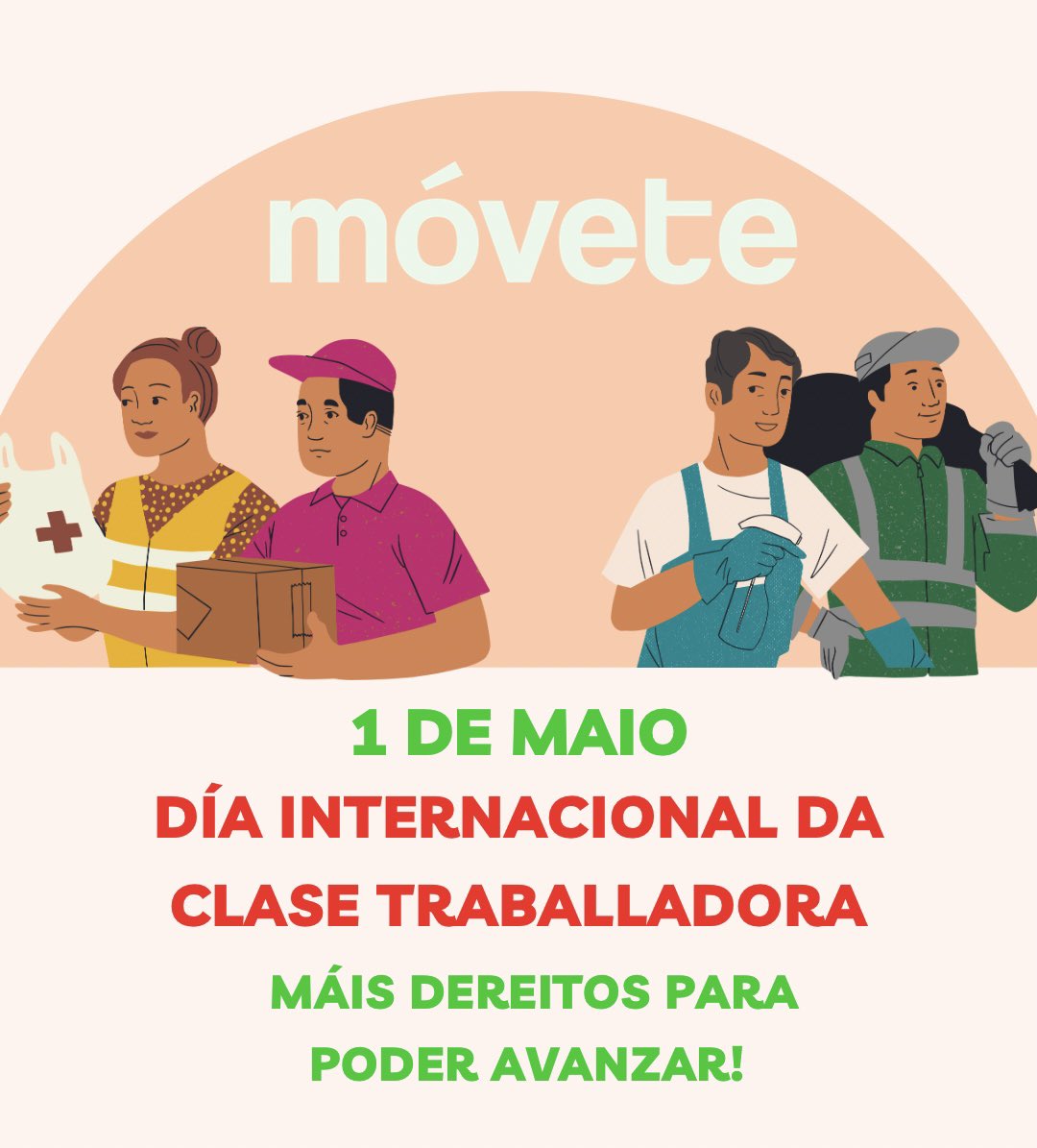 MoveteAE's tweet photo. 👷‍♀️👩‍🏭 Neste 1 de maio reivindicamos como cada ano os dereitos da clase traballadora. 

🏘 Loitemos por un futuro digno na nosa vila con oportunidades laborais e salarios dignos para todos e todas.

Móvete por máis dereitos para poder avanzar! 💚❤️✊ https://t.co/IWoFfSBznp