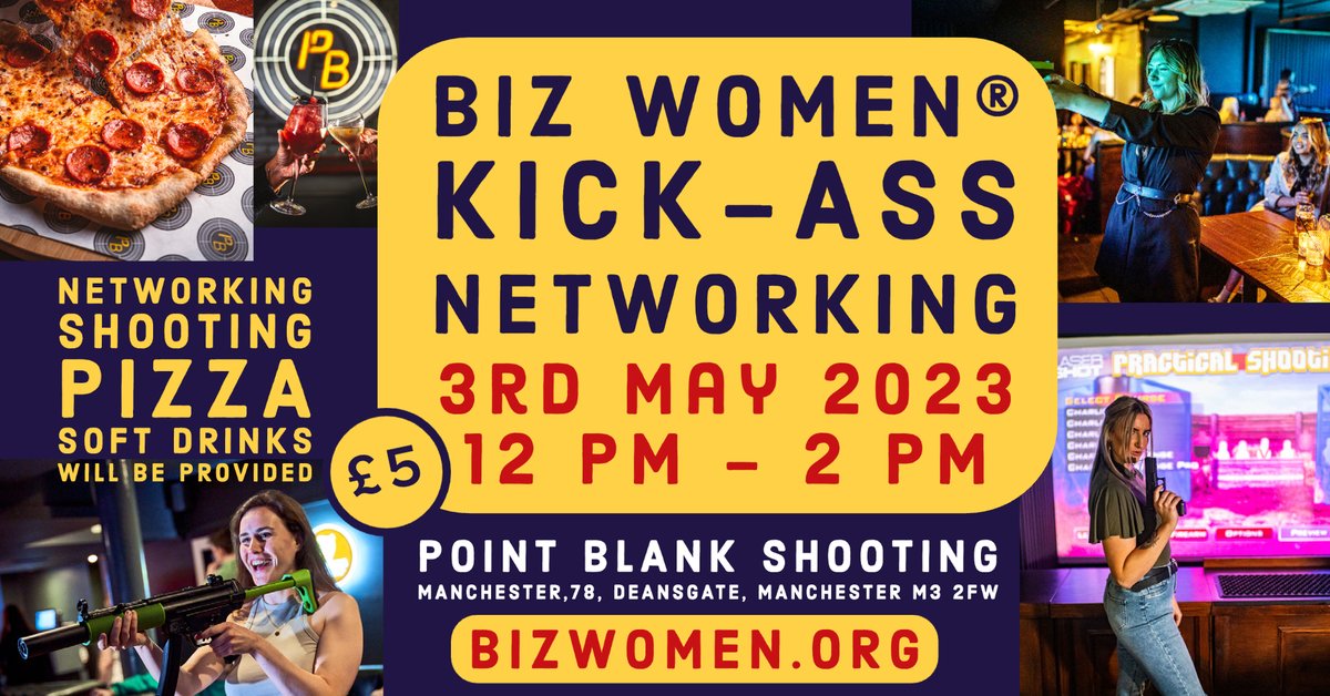 _BizWomen's tweet photo. The 3rd of May - Join us for an alternative fun networking afternoon at Point Blank Shooting in #Manchester - Pizza, Networking &amp; games provided!

Register here:  https://t.co/kirSzU0Bp3
  
#bizwomen #networking #womeninbusiness  #businesswomen #community #BankHolidayMonday https://t.co/ZSDaM7m0Av