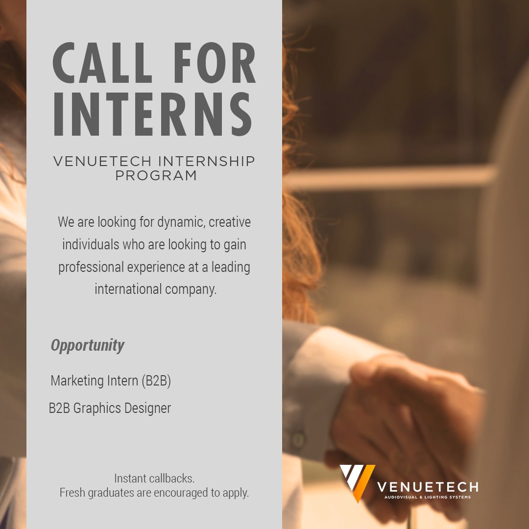 venuetech_'s tweet photo. Join Venuetech Internship Program - Department of Marketing

Follow the link to register: https://t.co/vyUPjWfIO8

#internshipprogram #internship #b2binternship #intern #VTinternship #VTinterns #marketinginternship #graphicsdesignerinternship https://t.co/7NihUDkZLd