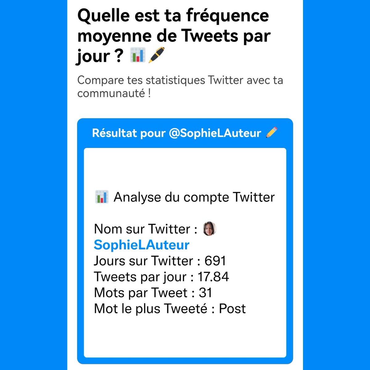 SophieLAuteur's tweet image. 📊 Analyse du compte Twitter #twitterStats #toasteed

J'ai aussi décidé de jouer 😁 Que le mot "post" revienne régulièrement, ça me semble normal pour un RS 😏

Pour tester à votre tour : fr.toasteed.com/35nlfj