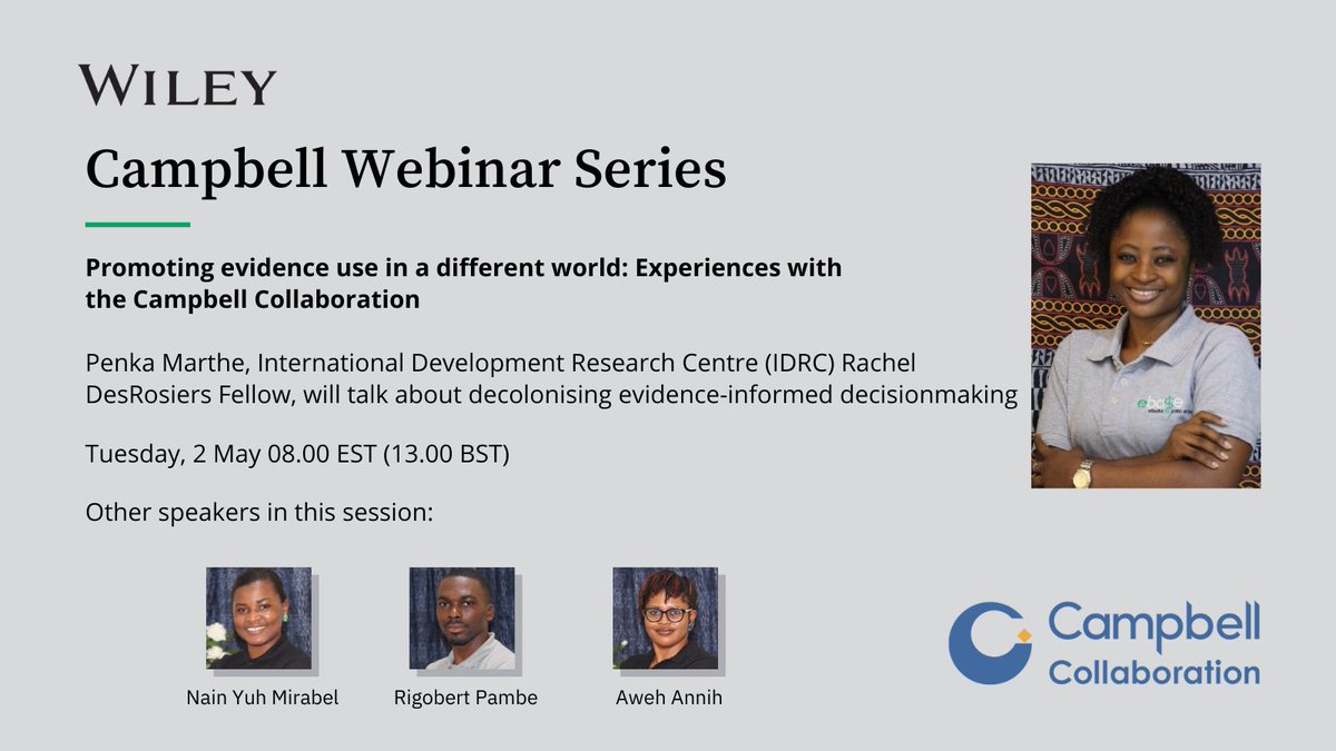 📢📢📢 
It's tomorrow. <a href="/rigobertpambe/">rigobert pambe</a> <a href="/AnnieAweh/">aweh annie</a> <a href="/Nainmirayuh/">Nain Yuh</a> <a href="/PenkaBogne/">Penka</a> will discuss on; promoting the use of evidence in a different world: experiences with the <a href="/CampbellReviews/">The Campbell Collaboration</a> . 
Be part of this free webinar at 1pm (GMT).

Registration: bit.ly/43BBRFc
<a href="/gchallenges/">Grand Challenges Canada</a>