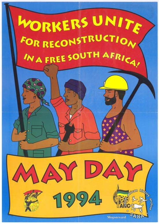 Uma rápida thread com os pôsteres mais bonitos do Dia Internacional do Trabalhador de todo o mundo. #PrimeiroDeMaio 

Cartaz de 1º de maio do ANC da África do Sul, dez dias antes de Nelson Mandela tomar posse como presidente em 1994.