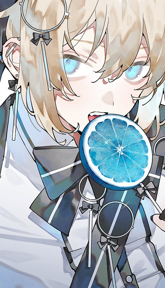 food blue eyes solo male focus 1boy bow blonde hair  illustration images