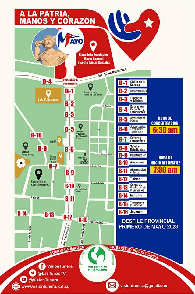 Anyculturales's tweet photo. En Las Tunas, como en todo el país, se ha previsto realizar el desfile de los trabajadores el próximo 5 de mayo. 
Esta será la ubicación de los bloques que representarán a cada sector, previa al inicio de la marcha, en la capital provincial. 
@Liagr23 @Ilia_Toirac_TV @yelenistv https://t.co/P8V0FgoF5C