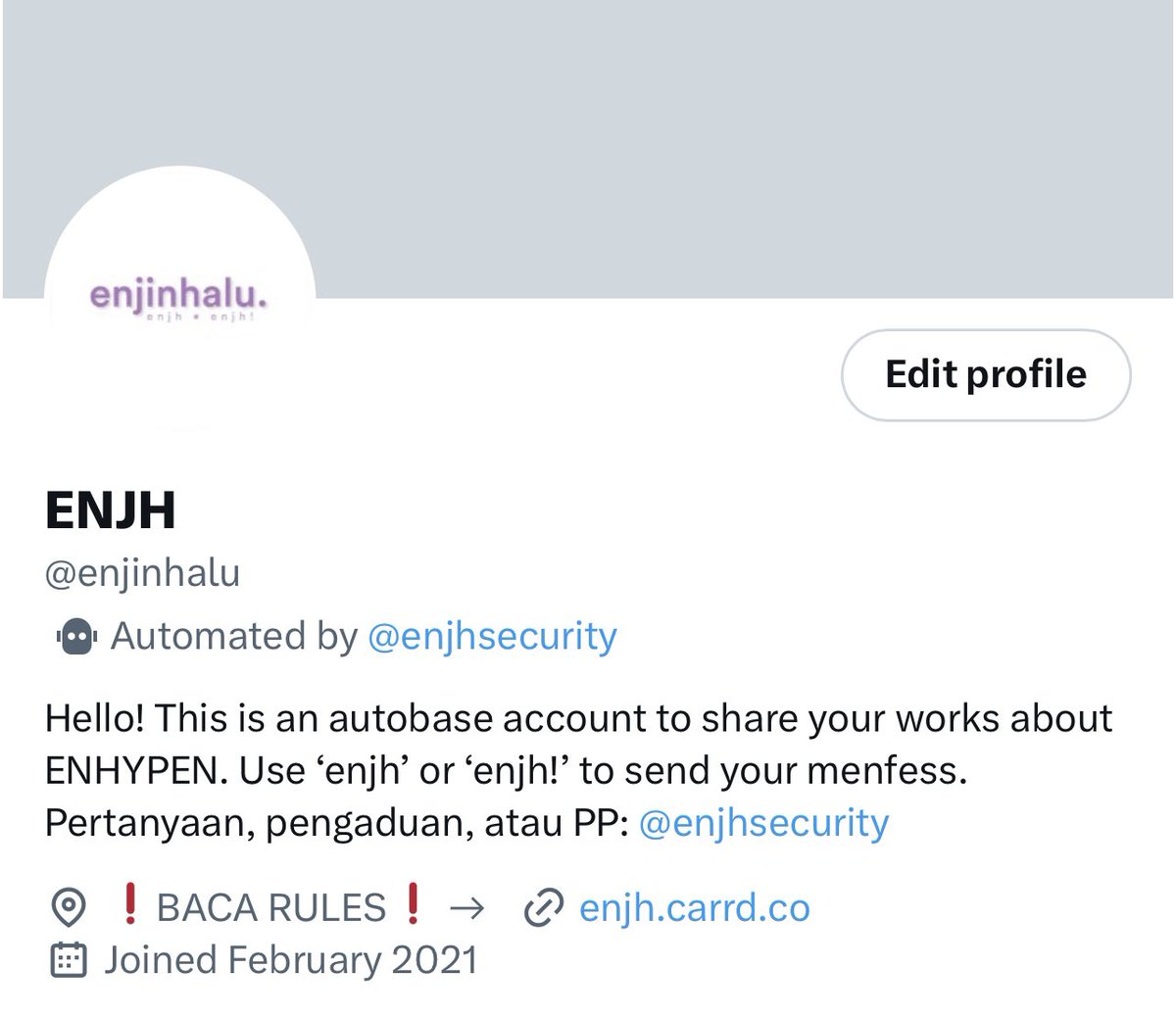 Halo!

Selama akun enjinhalu masih ke-🍣, sementara admin akan aktifkan akun backup ini sebagai base. Mohon bantuannya untuk share ke yang lain, ya!

Follow, RT, dan reply untuk mendapatkan follback secara random.