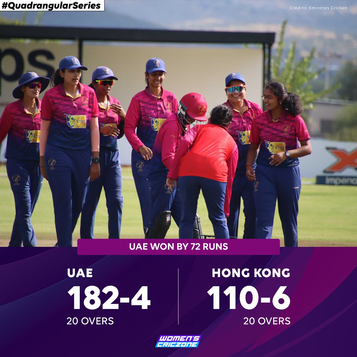 WomensCricZone's tweet photo. ๐ Theertha Satishย 93*
๐ Esha Ozaย 38*
Match 11 of the #QuadrangularSeries is won by UAE with a huge margin of 72 runs.
#CricketTwitter https://t.co/SrHI5FJbkk
