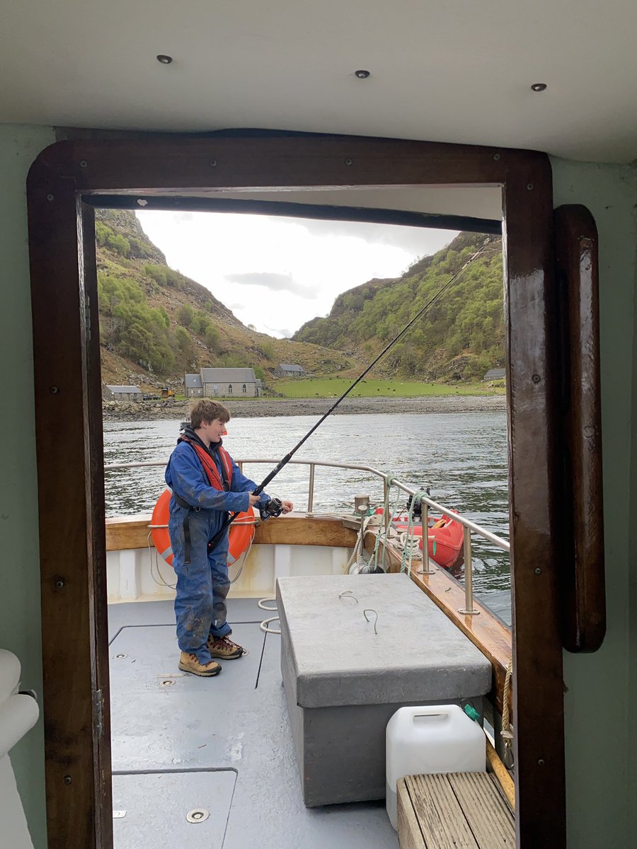 Doune_Knoydart's tweet photo. Today’s #loowithaview comes again from beautiful Tarbet Bay on Loch Nevis where we’re sitting on a mooring. With guests off for climbs, hikes and picnic strolls, wee Bob has taken the opportunity to get the fishing rods out…no bites so far. https://t.co/pd2JNEiLEv