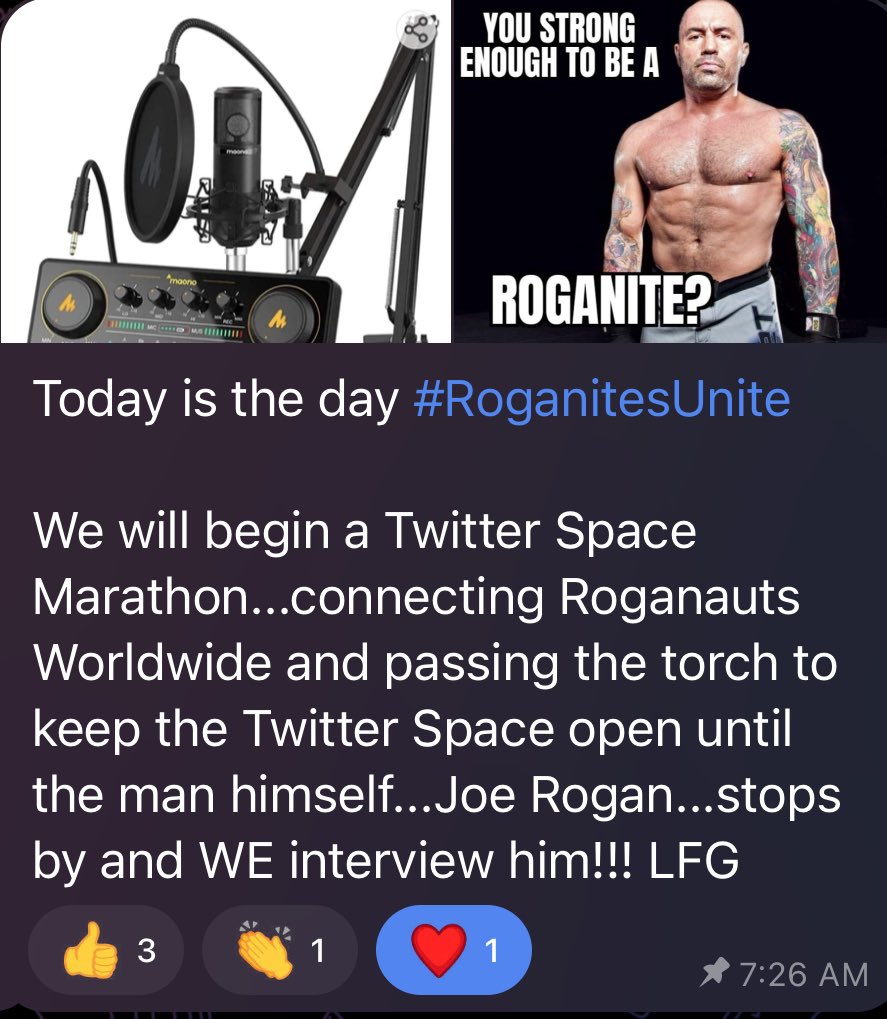 1cryptokobe's tweet photo. @JoeRogan_Eth $rogan

#RoganitesUnite this is going to be epic ❗️❗️❗️

24/7 TWITTER SPACES UNTIL @joerogan Joins 🫶🔥🚀 https://t.co/UOJ2aEkMik