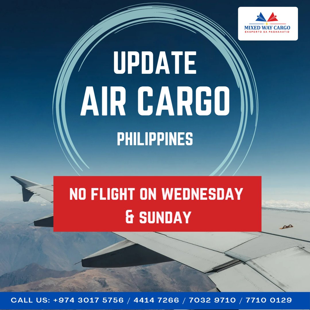 Hello kaMixedway!
Air Cargo flight will resume on Monday, May 8, 2023 due to Commercial Operation issue. 

Call us for booking: +974 3017 5756

#aircargo #aircargologistics #aircargoservice #qatar #Philippines
#logisticservices #CargoServices