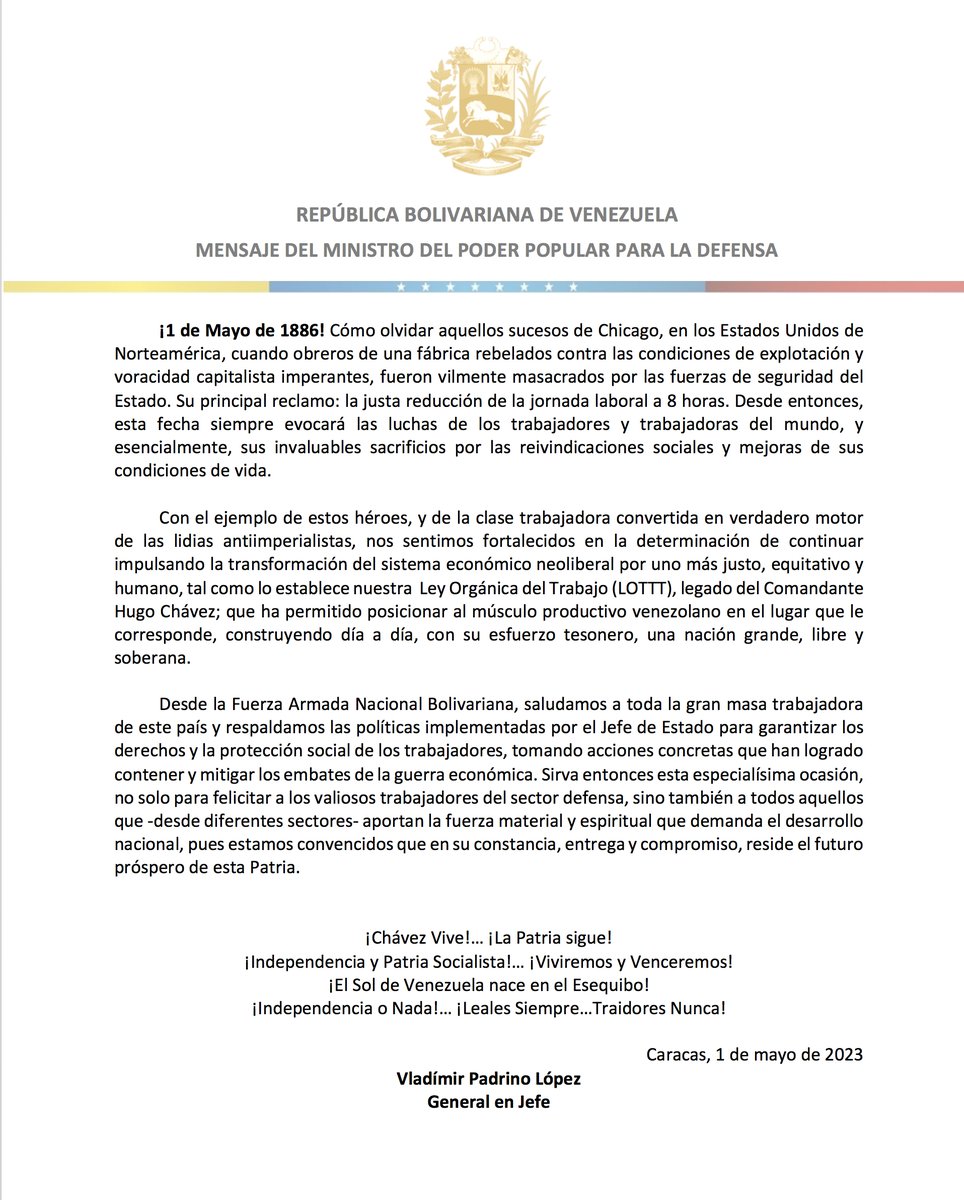 PrensaFANB's tweet photo. 📰 || Mensaje del Ciudadano General en Jefe Vladimir Padrino López, en ocasión de celebrarse el Día del Trabajador 
Enlace: https://t.co/7XrqPzFSSy https://t.co/aLZppXathm