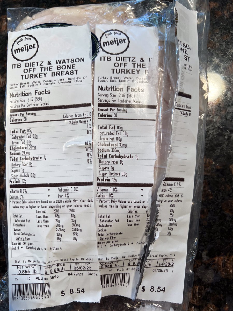 rstocking's tweet photo. Hey @meijer - Please explain a label on the pre-sliced package of turkey purchased on 4/30/2023 that was placed on top of an older label that had an expiration date of 4/28/2023?  I peeled off the newer label and can’t help think I’ve been had. Expired or not?  #ypsilanti https://t.co/fIOS3UkhCW