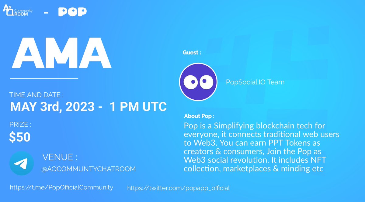 DexterCall_io's tweet photo. 🔔AMA A&amp;Q on With POP

🏢Venue : https://t.co/Gof3YLE3hI
📅Date : On May 3rd
⏱Time : 1 PM UTC 

📜Rules:
1.Join the https://t.co/Gof3YLE3hI
2. Follow Twitter @popapp_official and @AQ_Community
3. Like , Retweet , &amp; Tag 3 friends. https://t.co/UaHSwLirTR